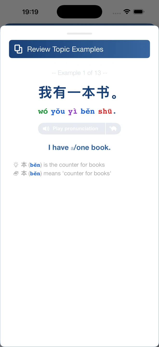 Chinese topic review with 我有一本书, pinyin, translation and notes
