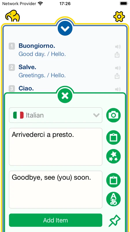 LEXEphant add-phrase screen with an Italian phrase and English translation