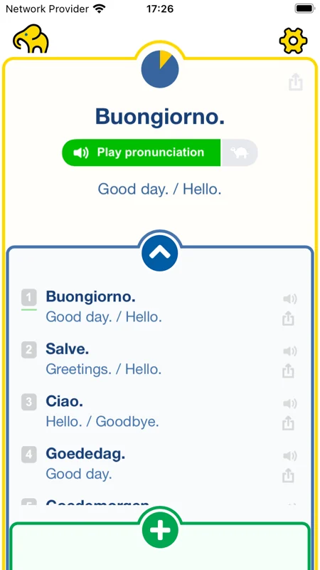 LEXEphant review screen showing Buongiorno, its English meaning and a play pronunciation button