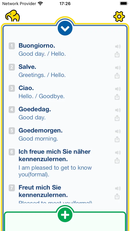 LEXEphant collection showing Italian, Dutch and German phrases with English translations