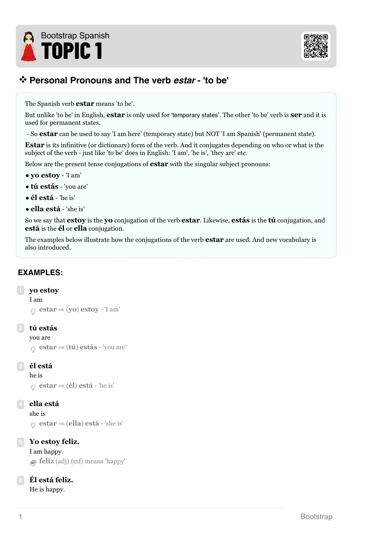 The first Spanish grammar topic, as it appears in the free PDF