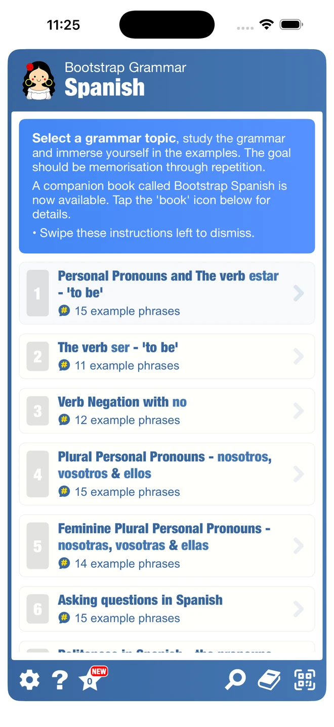 Spanish course topic list showing estar, ser, negation, personal pronouns and questions