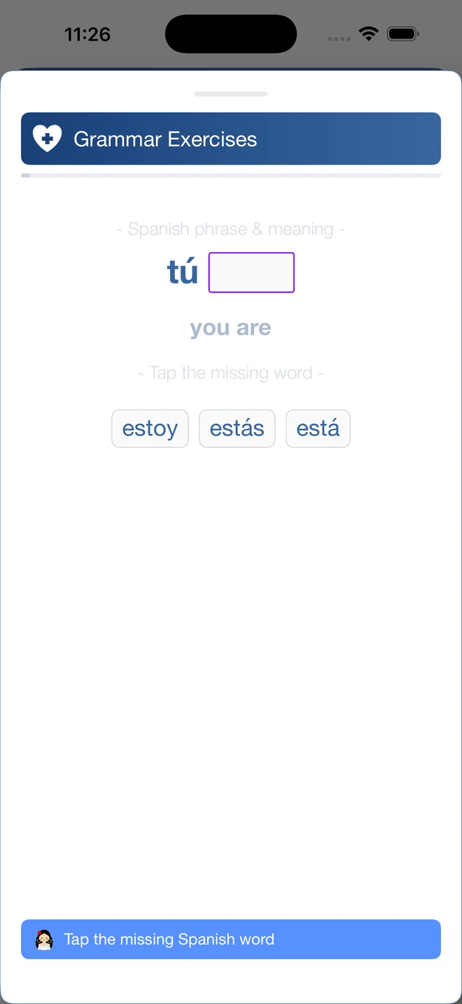 Spanish exercise asking for the correct form of estar in tú estás, with estoy, estás and está as choices
