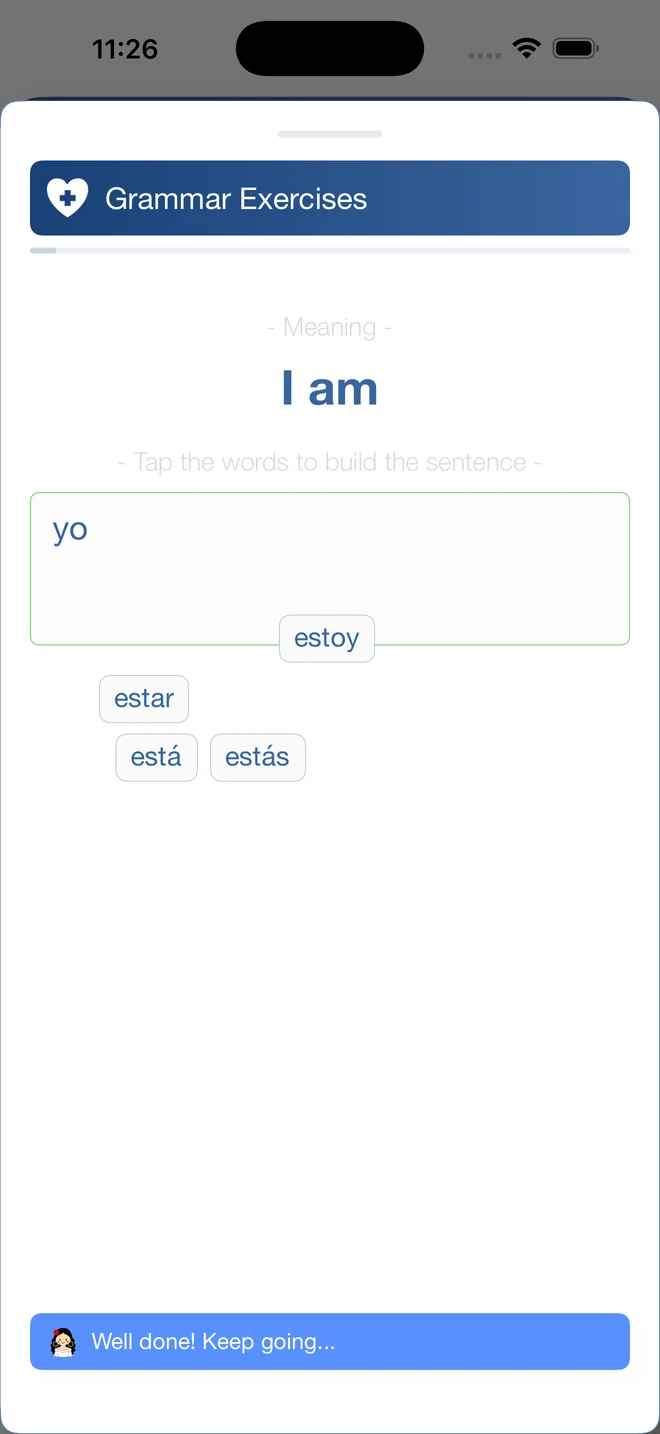 Spanish phrase-building exercise for I am, with yo and forms of estar
