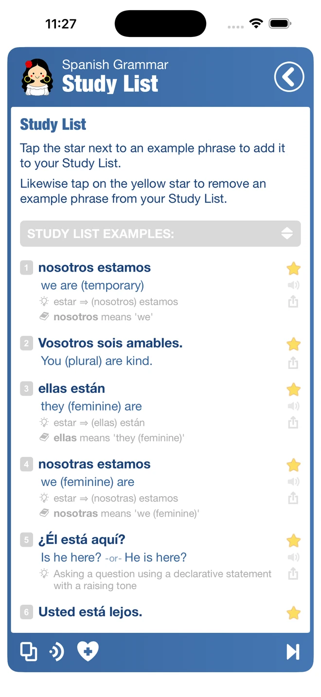 Spanish Study List showing starred example phrases, English translations and audio buttons