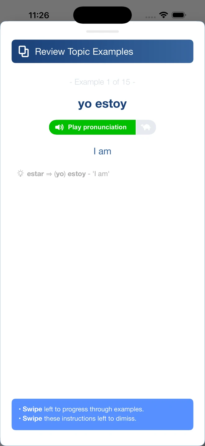 Spanish example review showing yo estoy, I am, with pronunciation and a conjugation note