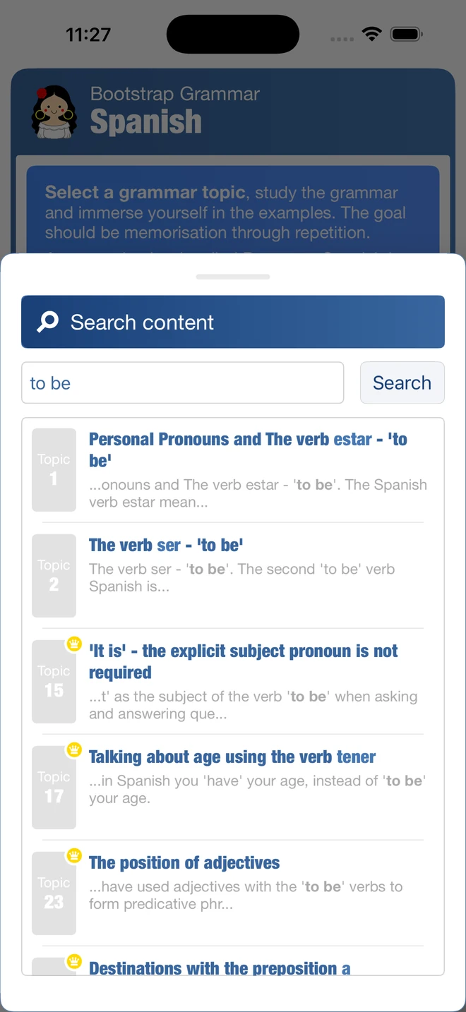Spanish content search for to be, showing related topics including estar and ser